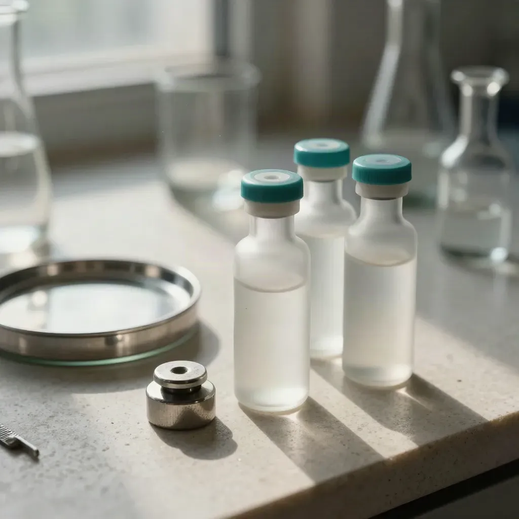 Glass vials, petri dish lid, and calibration weight on pale stone in a calm lab still life.