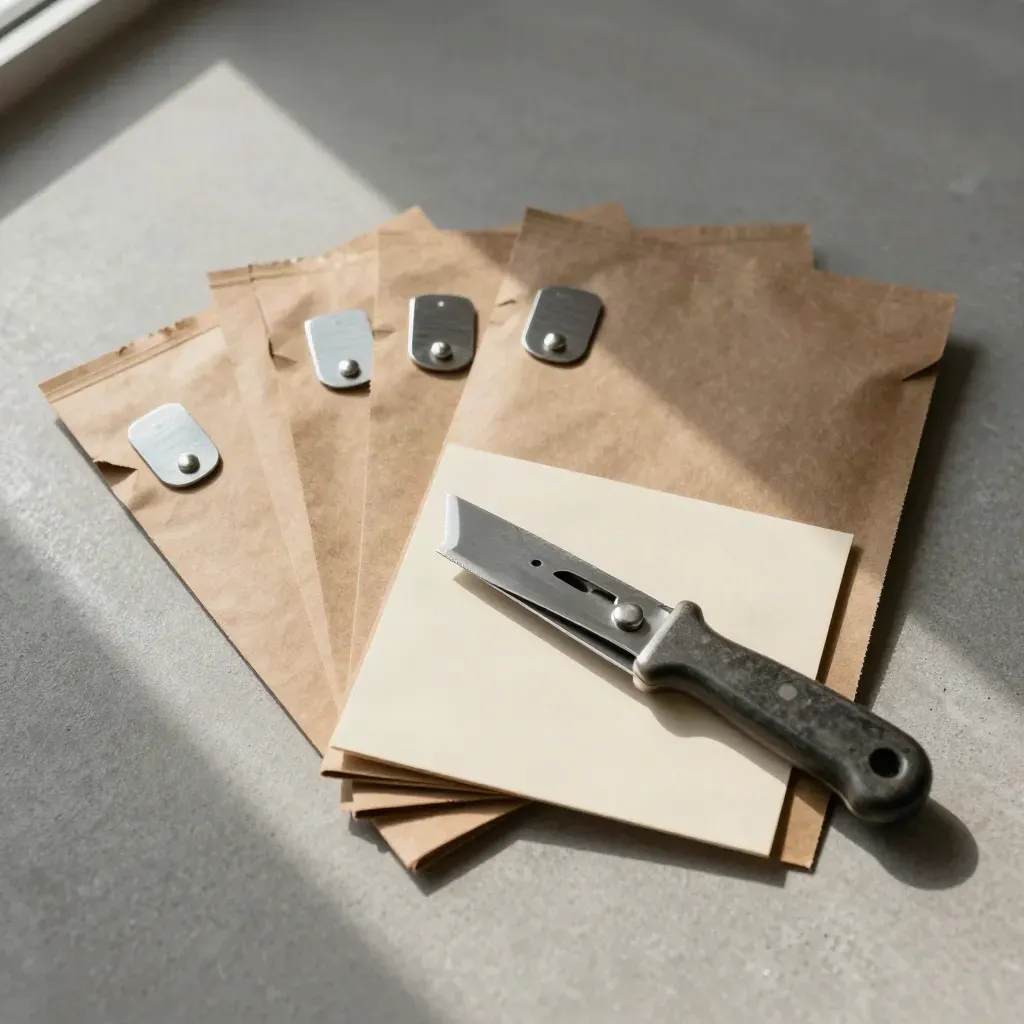 Top-down parcel-sorting still life with kraft sleeves, steel seals, and a matte knife on concrete