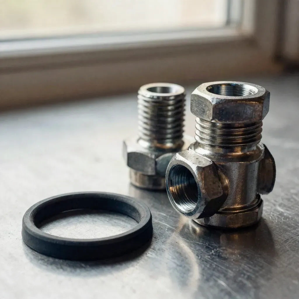 Machined pipe couplings with bolts and gasket ring on brushed metal in dramatic side light.
