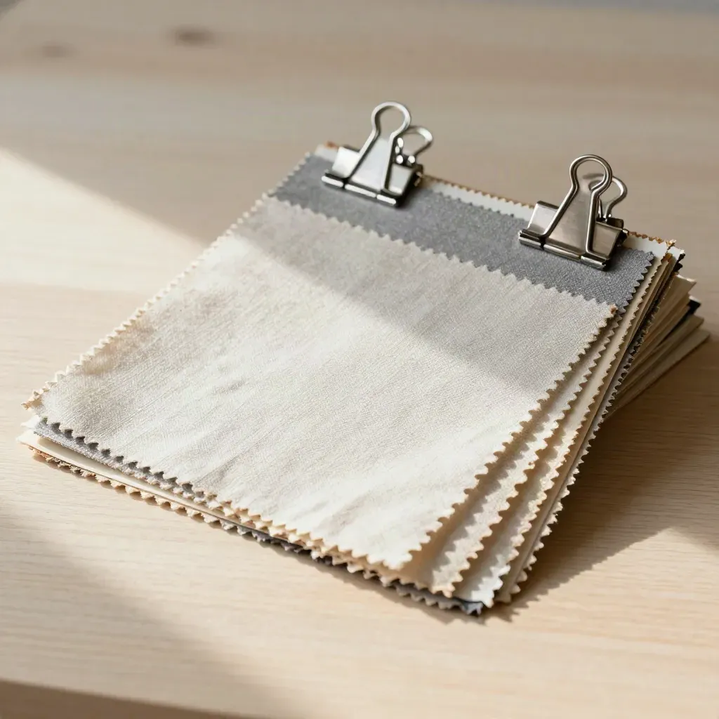 Fabric swatches, board samples, and steel clips on pale wood in dramatic studio light.