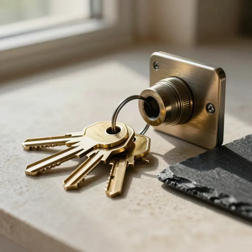 Brass key fobs, lock cylinder, door closer plate and slate coaster on honed stone.