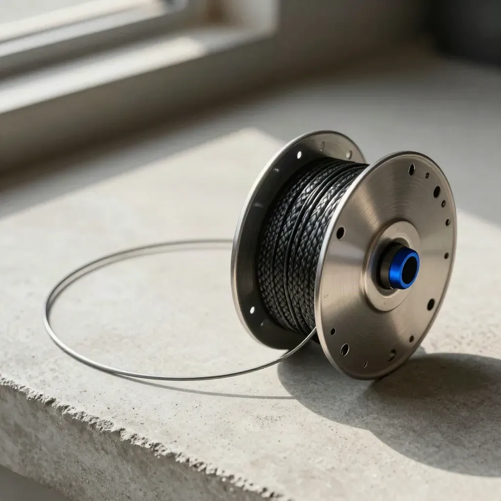 Cable spool, wire reel, and cable organisers on pale concrete with a blue accent.