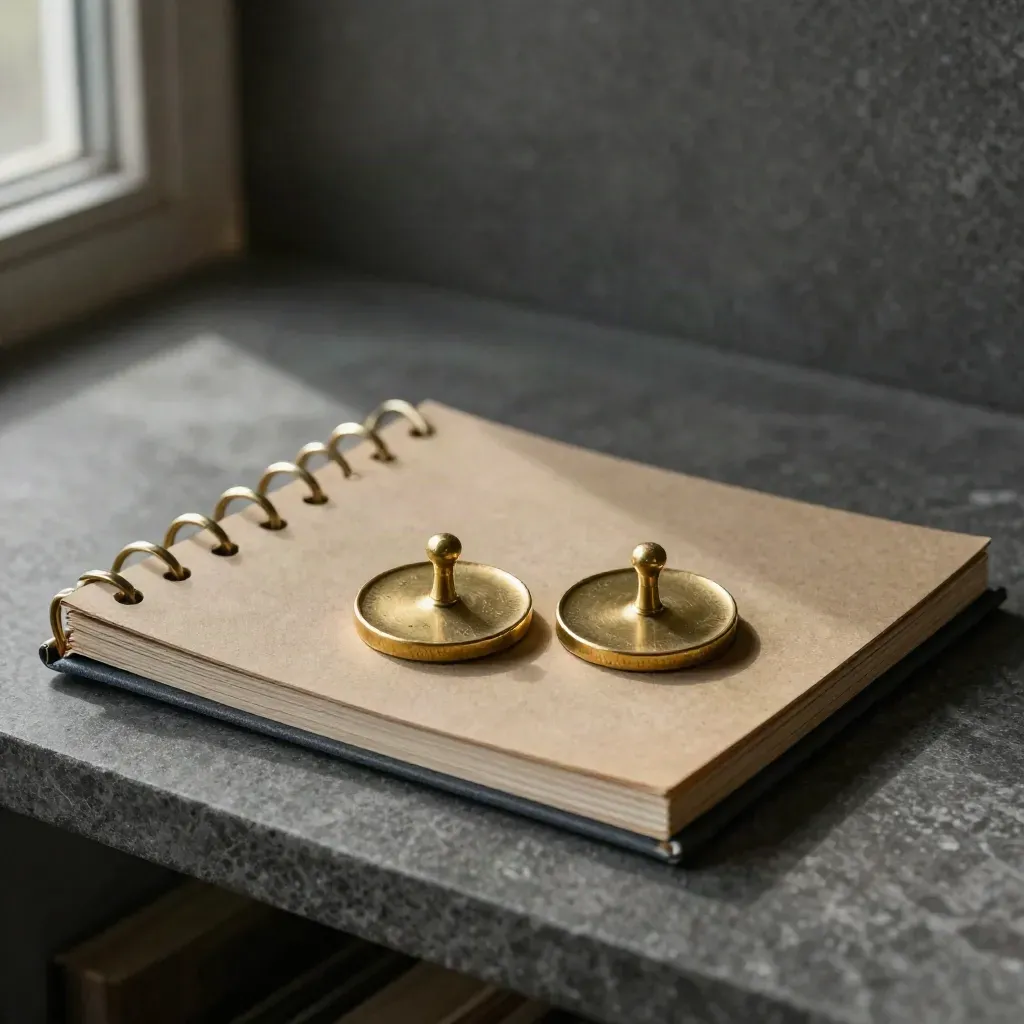 Brass tally tokens, ring-bound billing index and paper band on a graphite shelf.