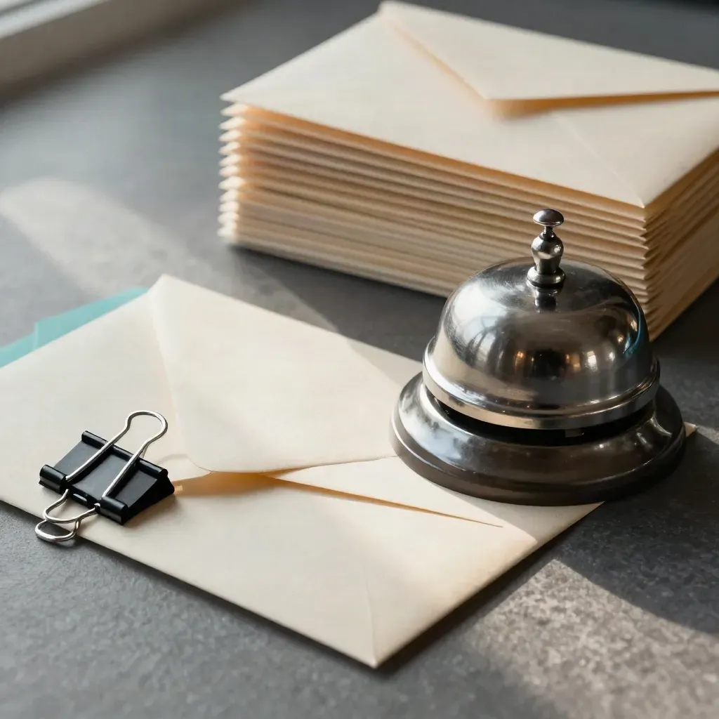 Desk bell beside a fanned stack of sealed envelopes and a binder clip on a stone surface.