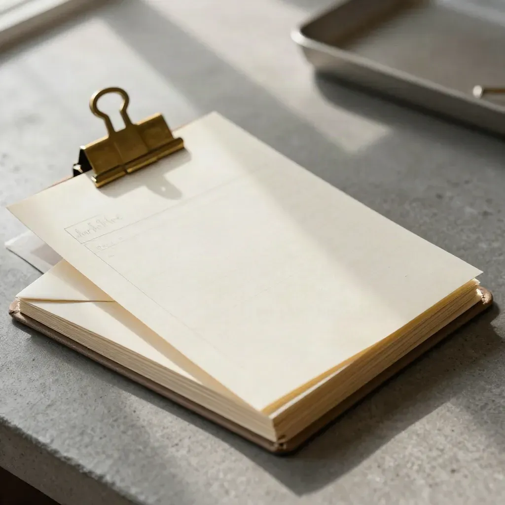 Brass paperweight on a closed invoice pad with a folded envelope, overhead on pale concrete.