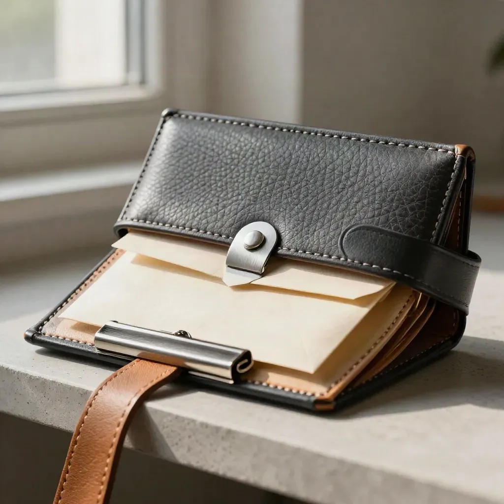 Macro still life of a folio, receipt wallet, clip and folded postage envelope on a concrete shelf.