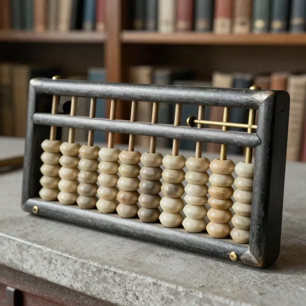 Close-up of an abacus with pale beads, counting stones and brass tally pin on concrete.