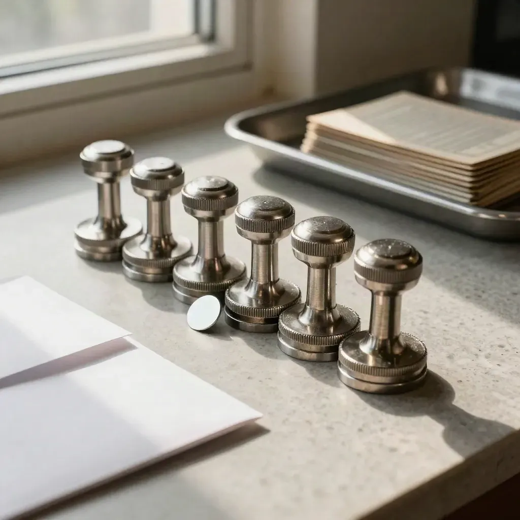 Brushed steel standing-order seals, a metal token, and clipped envelope on stone