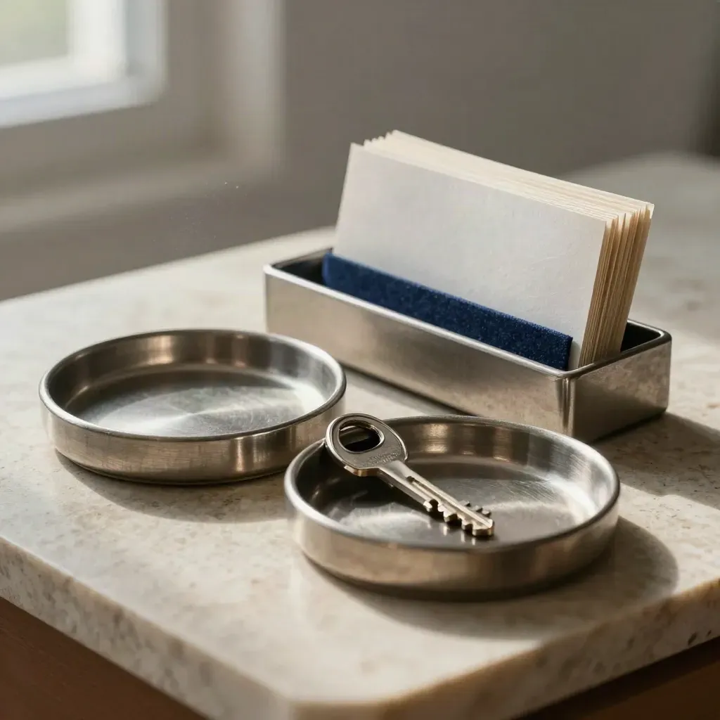 Metal coin trays and receipt tray with face-down slips on limestone in dramatic light.