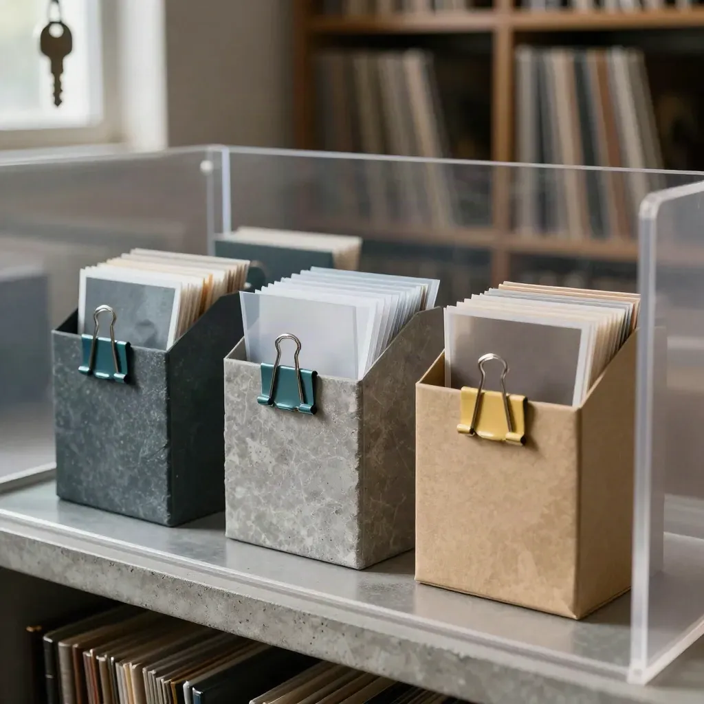 Archival client boxes and sample sleeves behind frosted acrylic in dramatic studio light.