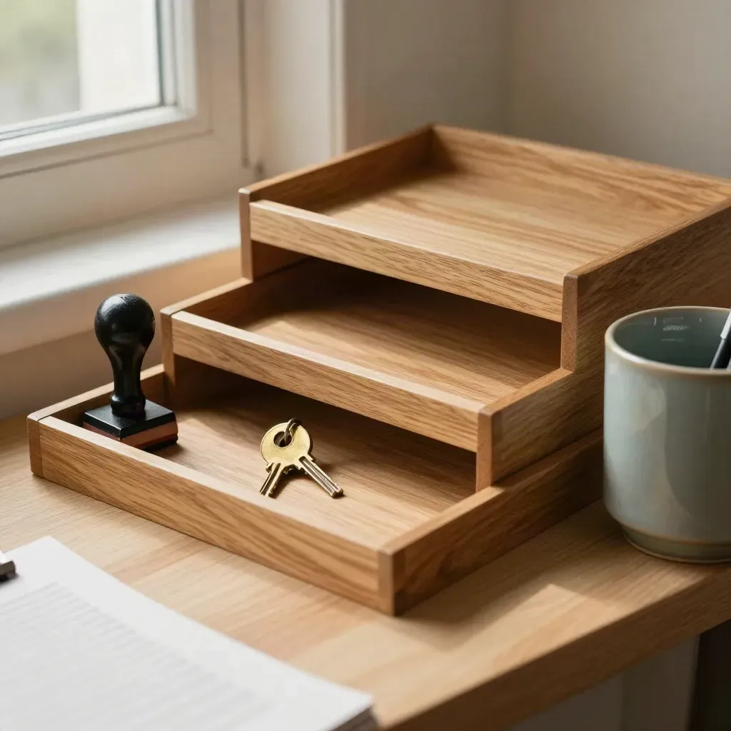 Oak in-trays, rubber stamp, brass key ring and ceramic pen cup, seen through a blurred clipboard edge.