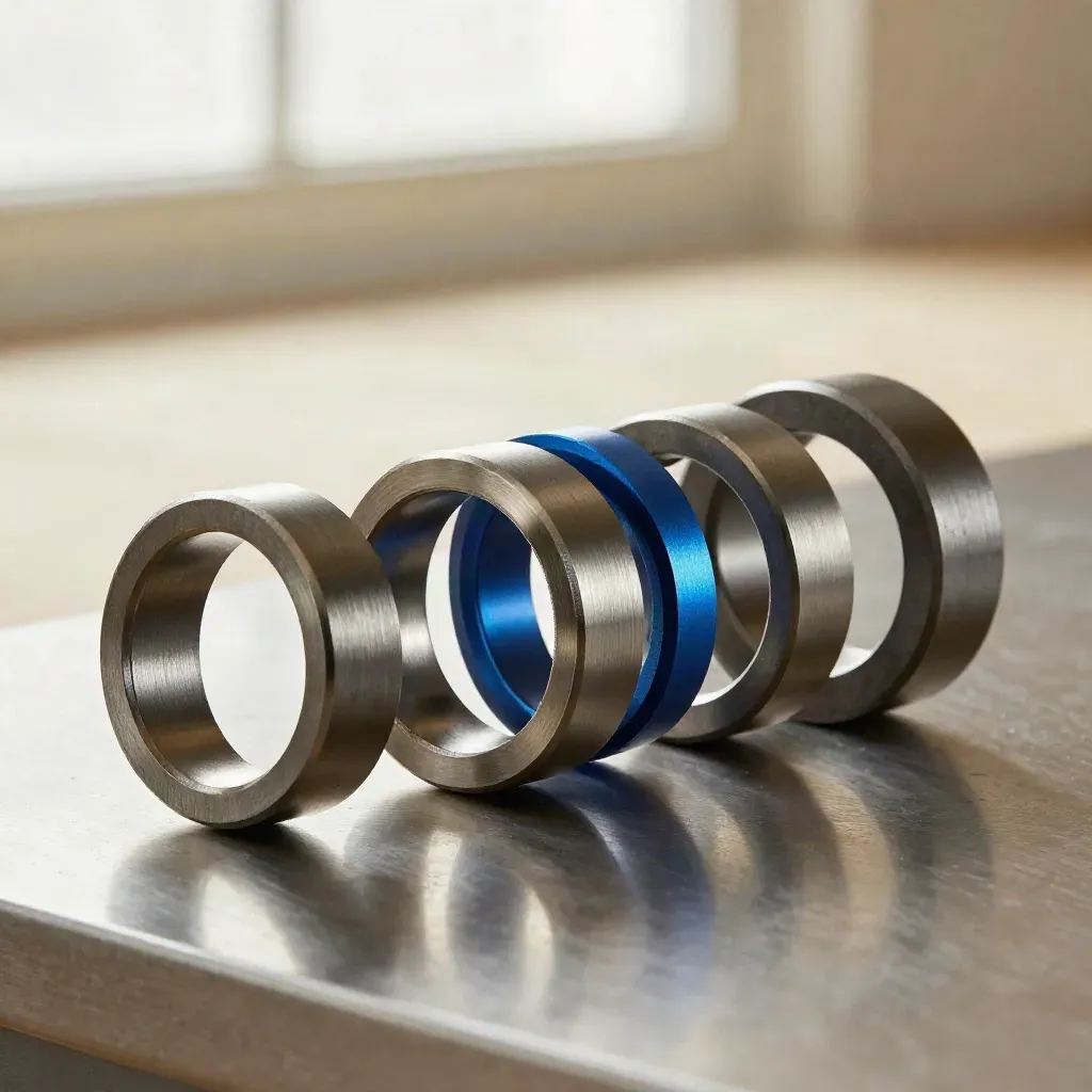 Machined rings and modular blocks on brushed metal, lit dramatically for a fintech integration still life.
