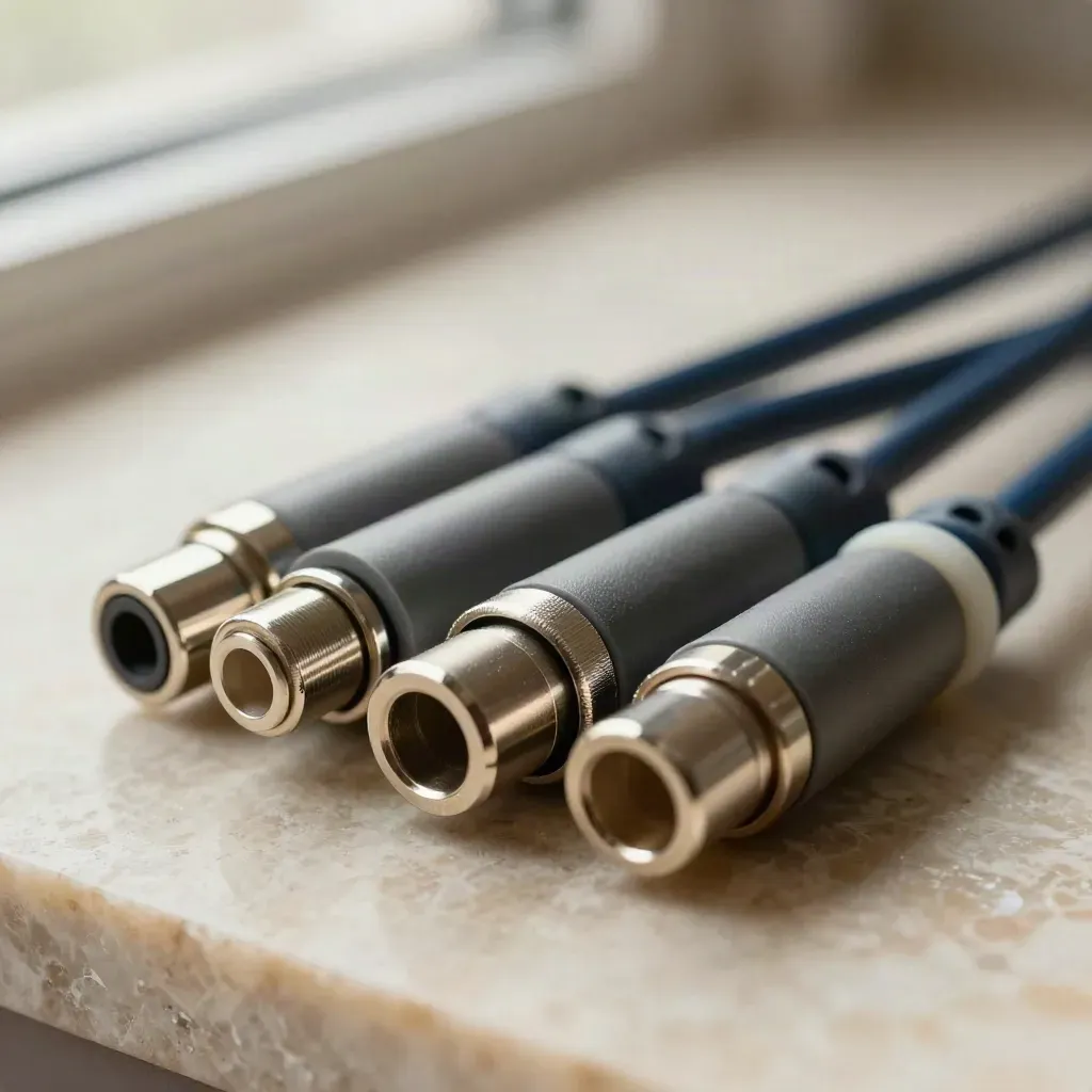 Macro of linked cable loops and connectors on pale stone, angled in motion with a navy accent.