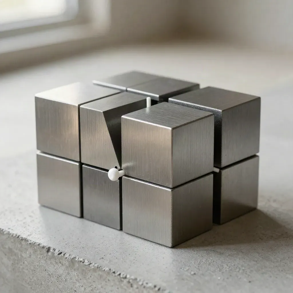 Graphite modular cubes with a half-open joint and white alignment peg on concrete.