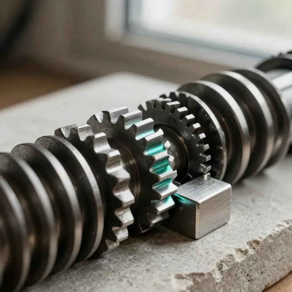 Dramatic macro of precision gear segments and metal tabs locking together on stone.